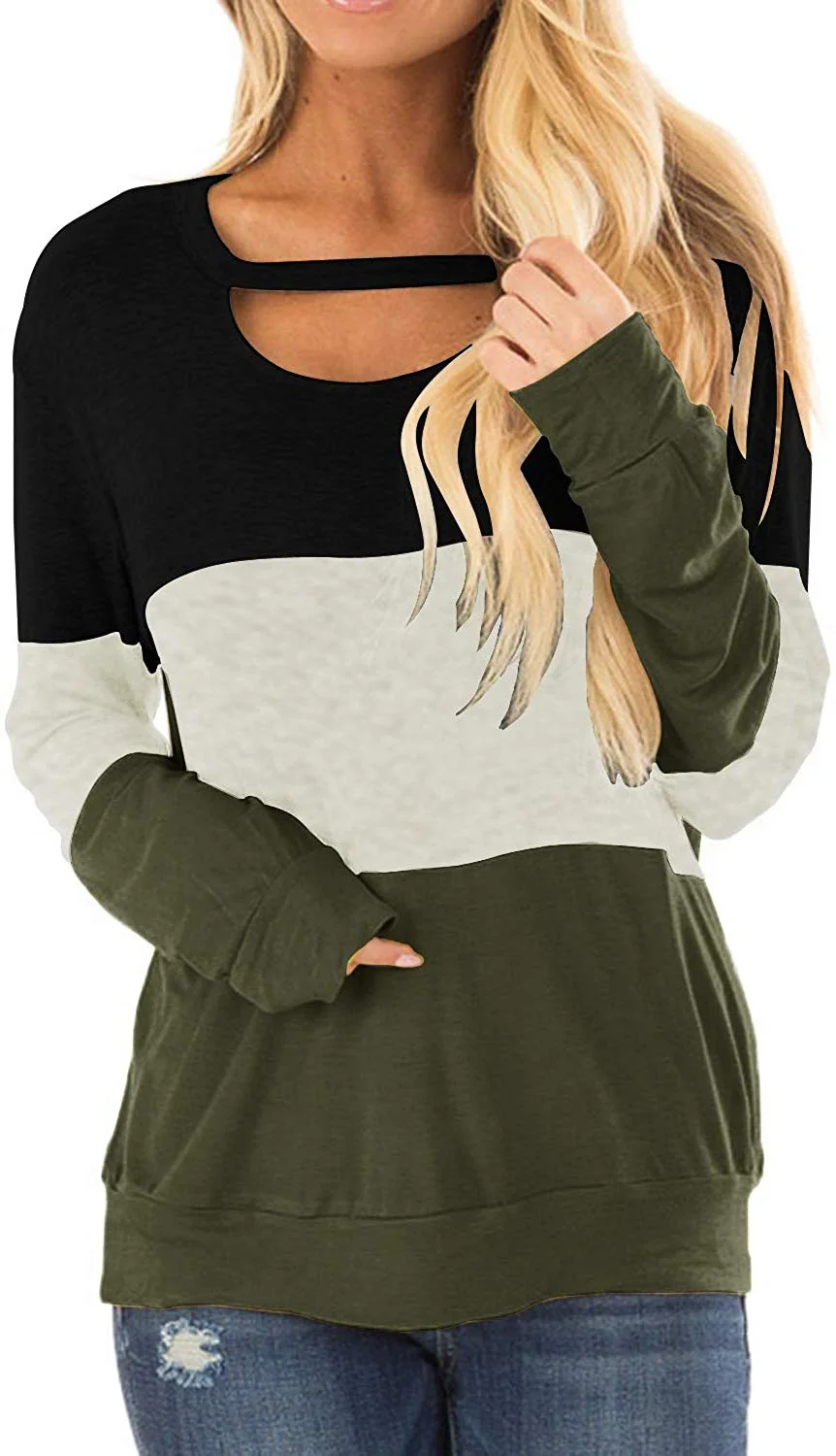 Women's Color Block Chest Cutout Tunics Long Sleeve Shirts Scoop Neck Blouse Casual Loose Tops