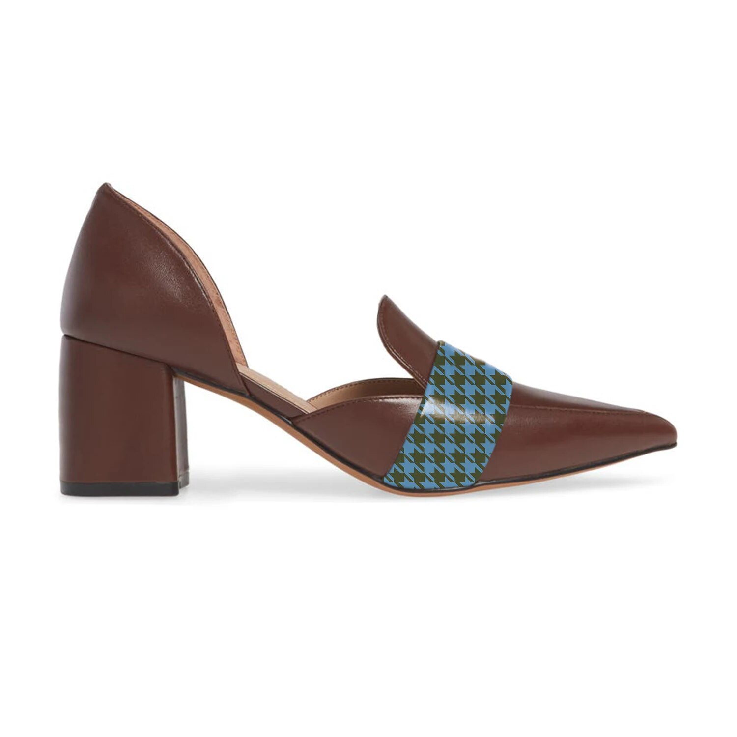 TAAFO Houndstooth Brown Women D'orsay Pumps Classic Pointed Toe Loafers Ladies Office Dress Shoes 