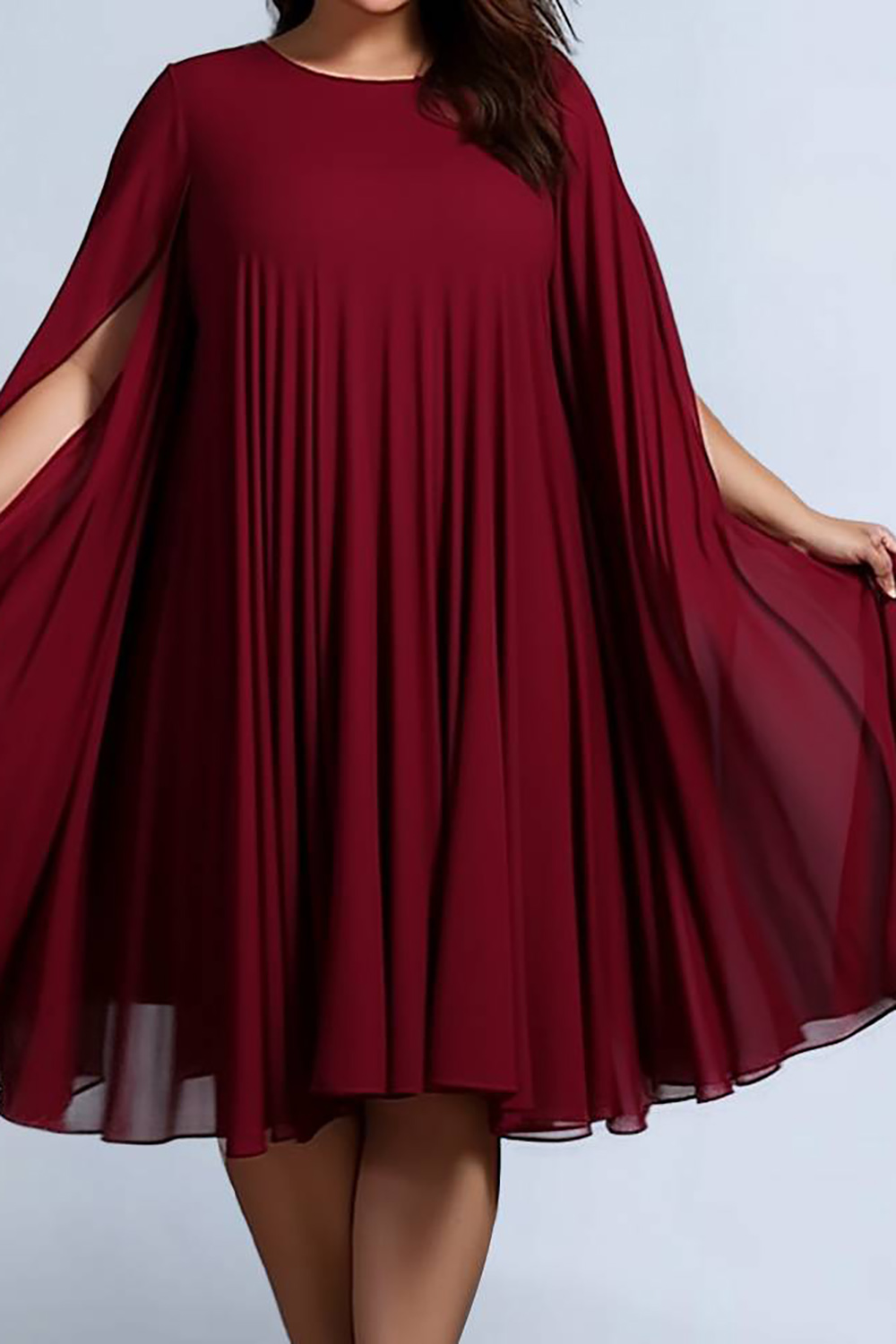 Design Plus Size Semi Formal Elegant Burgundy Round Neck Cape Sleeve Pleated Knitted Midi Dresses [Pre-Order]