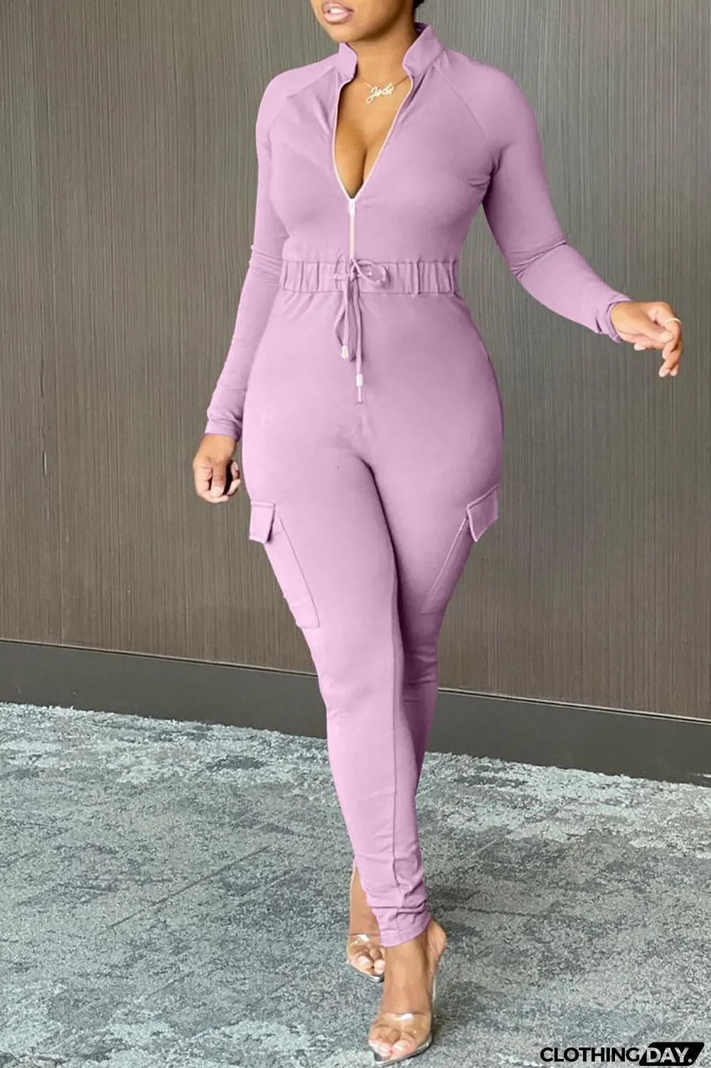 Tangerine Red Casual Solid Split Joint Draw String Pocket Zipper Collar Regular Jumpsuits