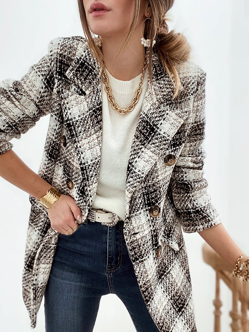 Women's Plaid Pattern Long Sleeve Pocket Coat
