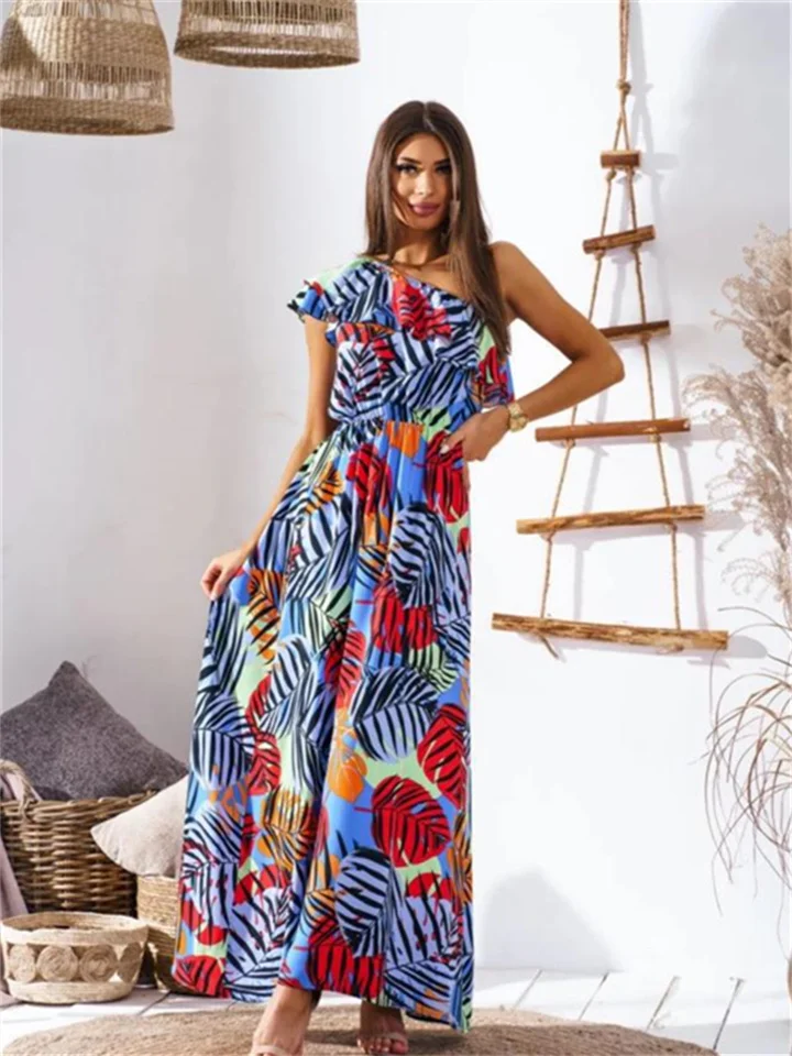 Waist Sexy Off-The-Shoulder Print Long Dress