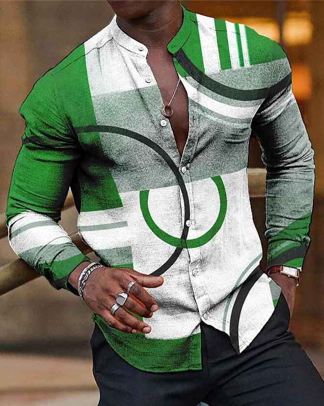 Suitmens Men's Cotton Linen Simple Geometric Stand Collar Long Sleeve Shirt 056
