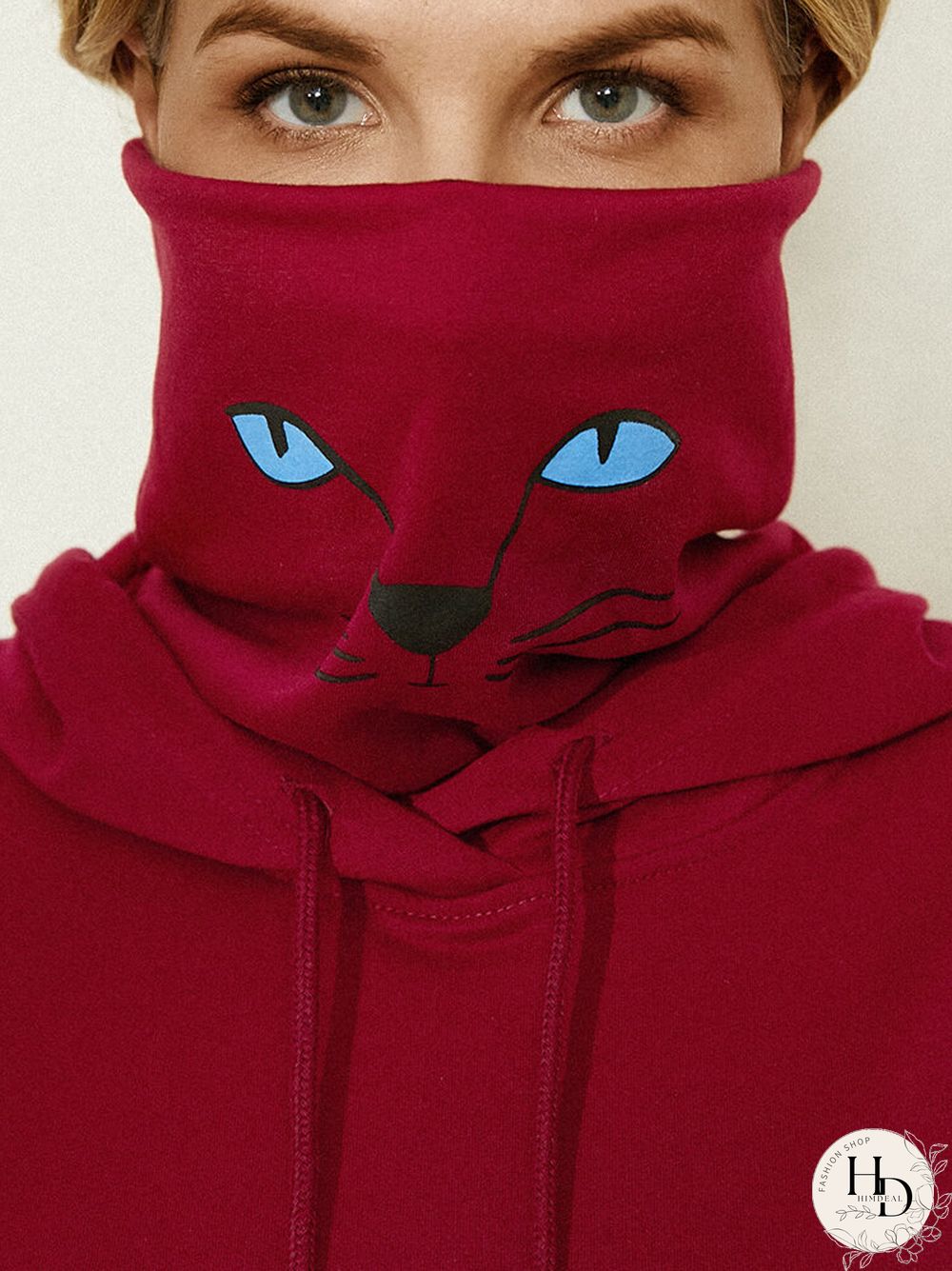 Cartoon Cat Printed Long Sleeve Snood Hoodie With Neck Gaiter