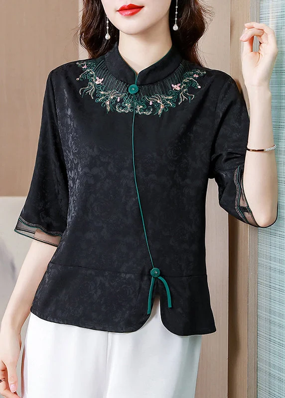 French Black Stand Collar Embroideried Patchwork Silk Shirt Tops Half Sleeve