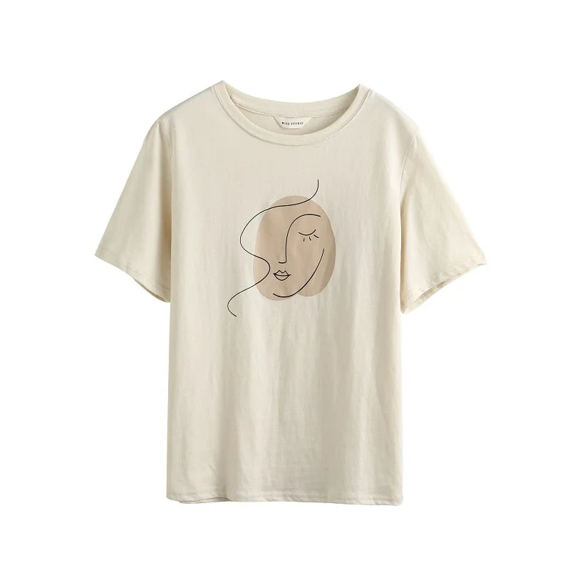 Toppies Summer T-shirts Woman Short Sleeve Tops Tee Korean Girls T-shirts Abstract Printing Chic Art Design