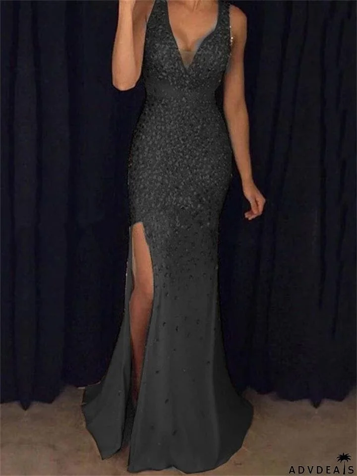 Sexy Deep V Neck Side Slit Evening Dress for Lady