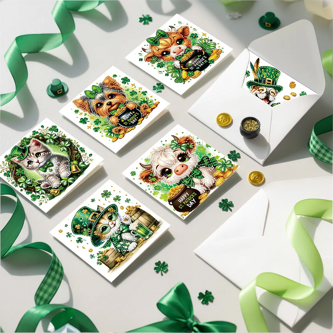 6Pcs St.Patrick Day Animals DIY Diamond Painting Greeting Card Set with Envelopes Diamond Art Handmade Cards for Beginner Adult Holiday Gifts