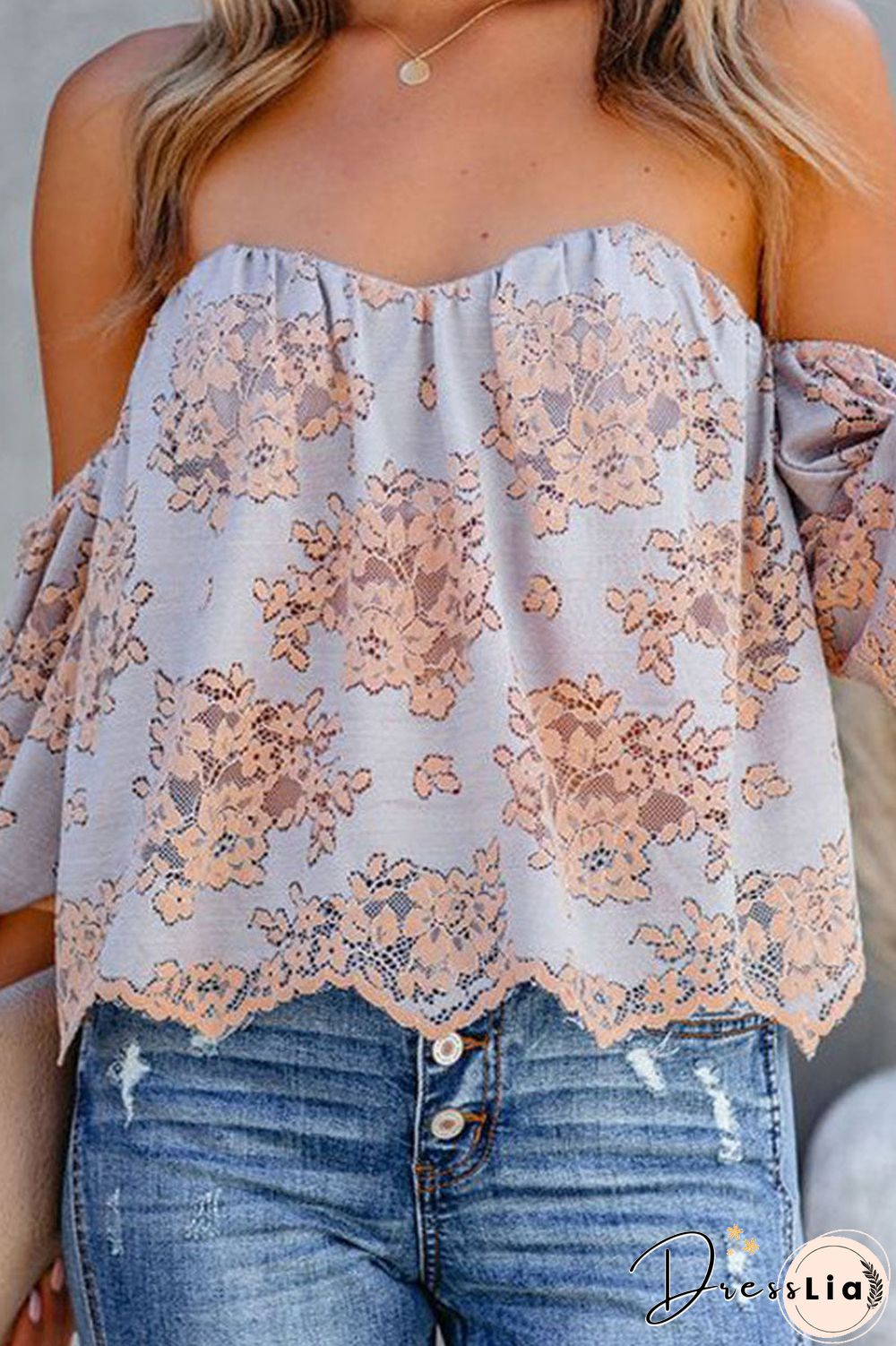 Fashion Sweet Print Split Joint Off the Shoulder Tops