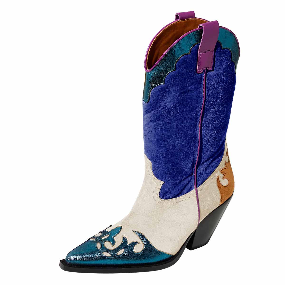 Beige & Dark Blue Pointy Toe Block Heel Mid-Calf Leaf Western Boots Nicepairs