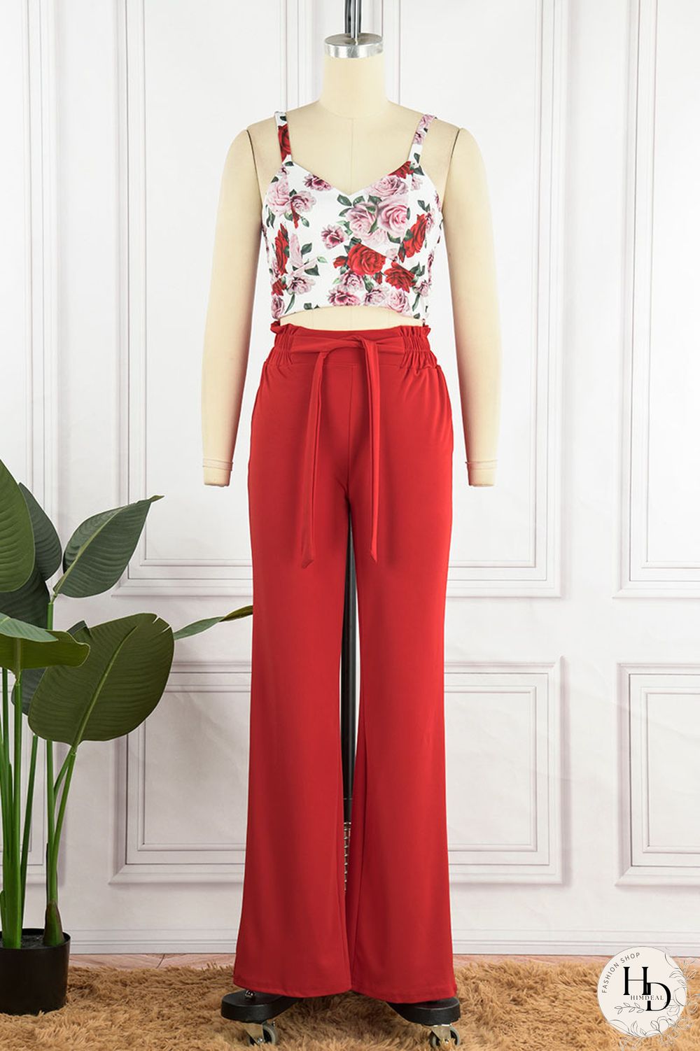 Red Sexy Print Patchwork Spaghetti Strap Sleeveless Two Pieces