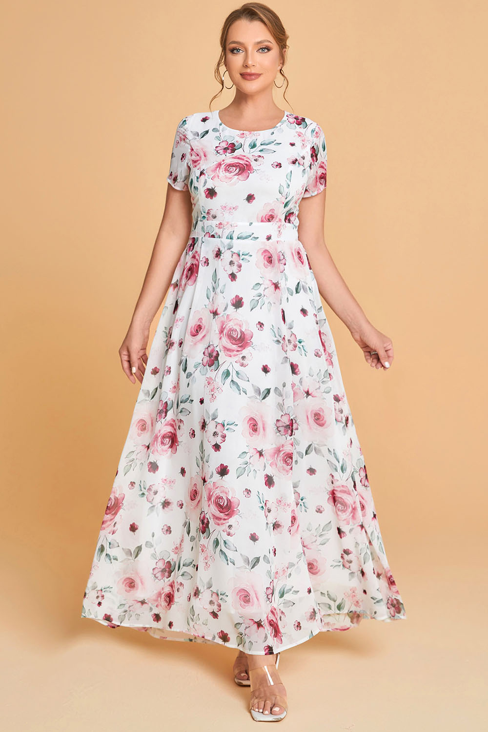 Flycurvy Plus Size Casual White Chiffon Floral Print Maxi Dress 2024 - Flycurvy 
