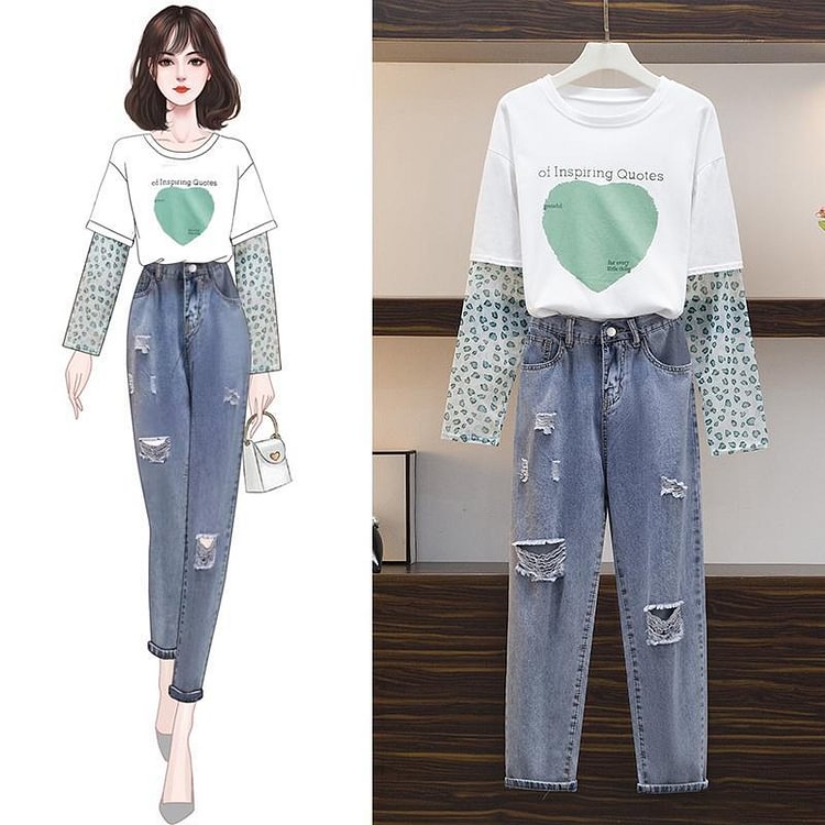 Fashion Patchwork Tee+Straight Jeans P11626