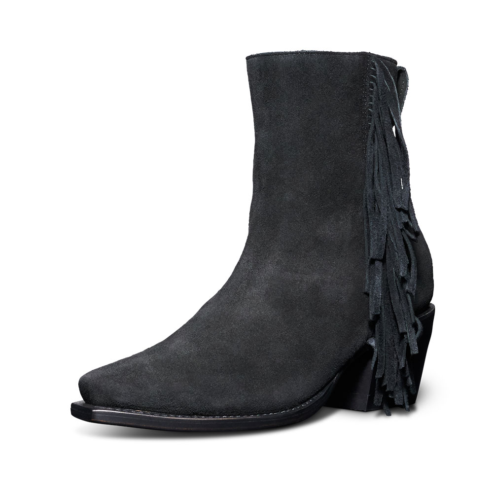 Black Vegan Suede Snip Toe Chunky Heel Fringe Side-Zip Ankle Boots