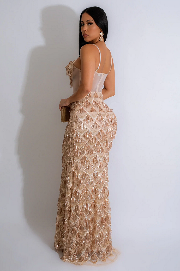 Cami Corset Sequin Fringed Gowns Maxi Dresses-Champagne