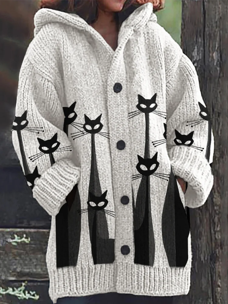 Black Cats Art Cozy Knit Hooded Cardigan