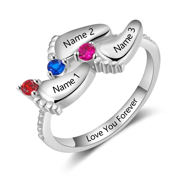 Personalized Baby Foot Ring With 3 Birthstones Engraved Names Ring Gift For Women