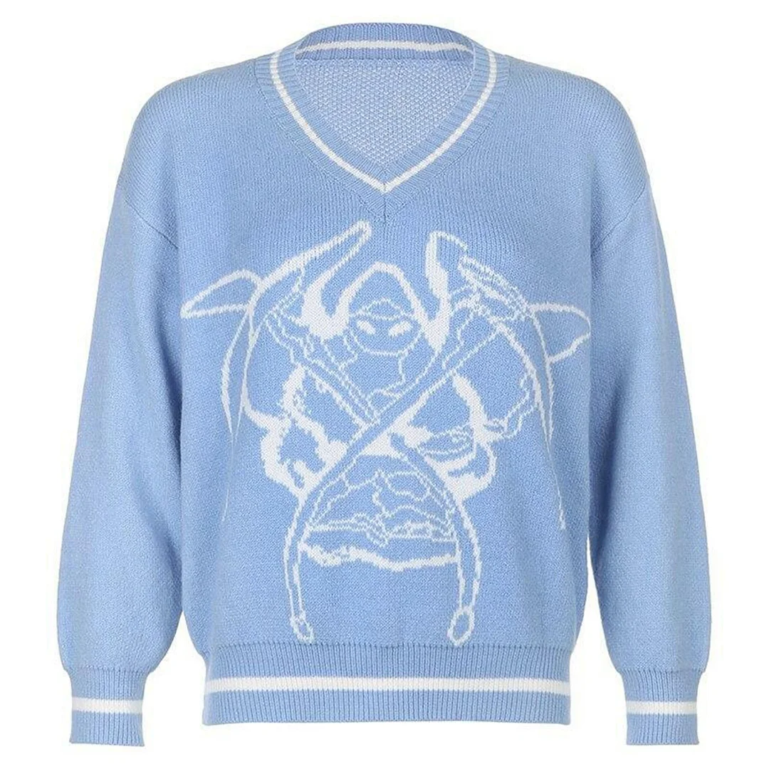 hirigin Skulls Blue Knitted Sweaters for Women Fashion Winter Tops Oversized Jumper V Neck Long Sleeve Pullovers Halloween Girls