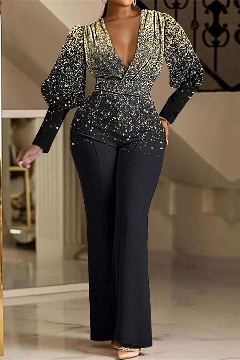 Plus Size Elegant Jumpsuits Gold Glitter Sequin V Neck Lantern Sleeve Wide Leg Jumpsuits