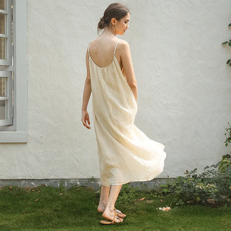 Shuantuo 100% Ramie Elegant Women's Summer Dress Sexy Sleeveless Adjustable Strap Long Birthday Party Dresses Holiday Beach Sundress Robe