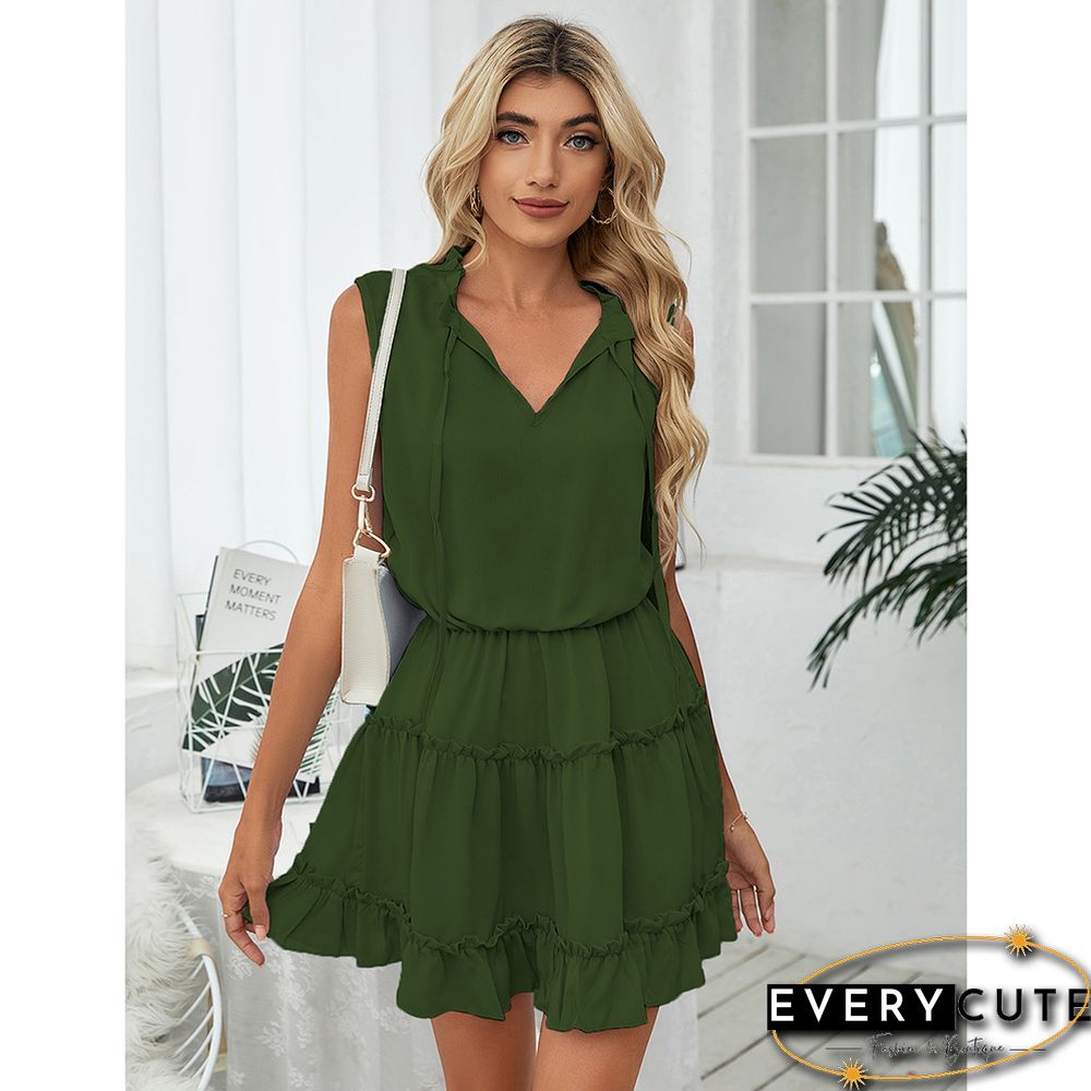 Army Green V Neck Sleeveless Mini Dress
