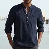 Men's Shirt Linen Shirt Maroon Shirt Solid Color V Neck White Black Gray Wine Army Green Long Sleeve Daily Vacation Tee by Inlyline