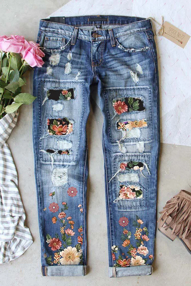 FLORAL RIPPED CASUAL JEANS SKY BLUE
