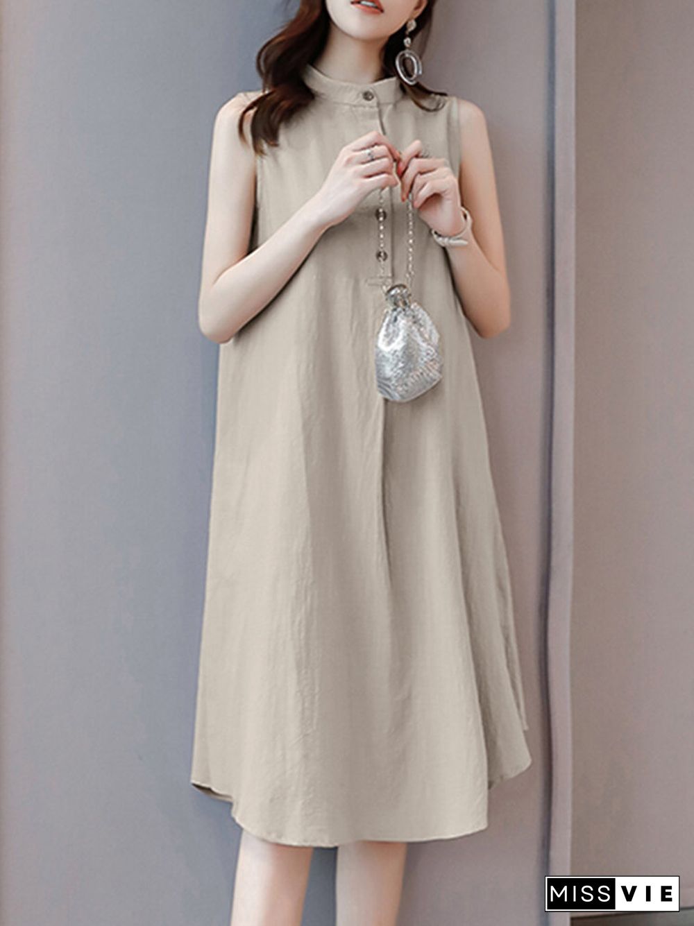 Solid Stand Collar Button Sleeveless Dress For Women