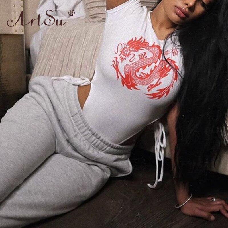 Toloer Tie Up High Waist Dragon Print Bodysuit Black Short Sleeve Sexy Body Suit Romper Women Bodycon Short Jumpsuits New4