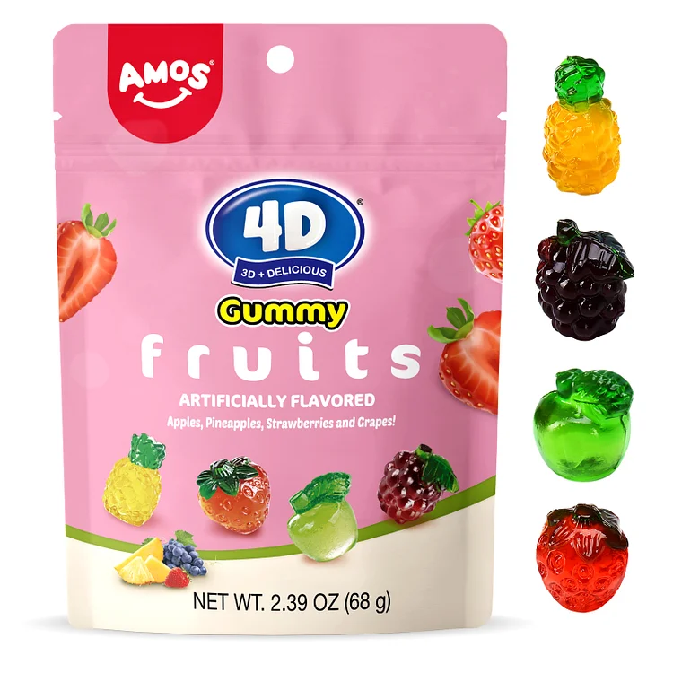 AMOS 4D Gummy Fruit Contains four fruits,strawberry, apple, grape and pineapple. 2.39 oz per bag