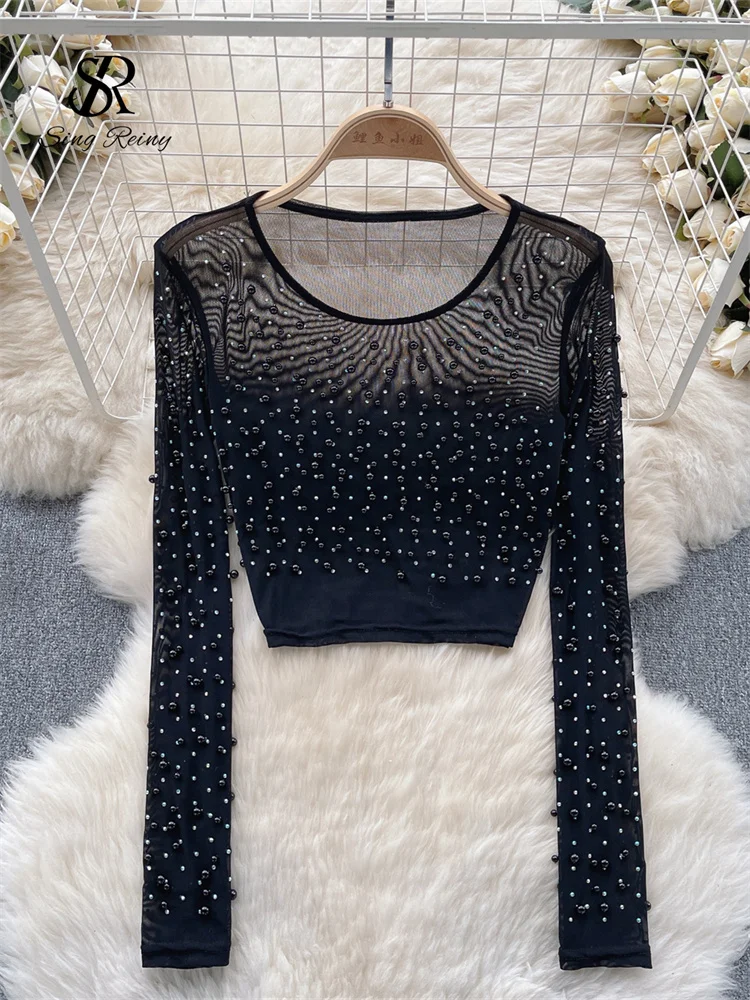 Huibahe Pearls Beadings Women Blouse O Neck Long Sleeves Mesh Sheer High Quality Korean Style Fashion Hotsweet Streetwear Tops