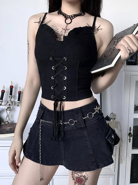 Black Gothic Tops Spaghetti Lace Up Polyester Retro Tops Novameme