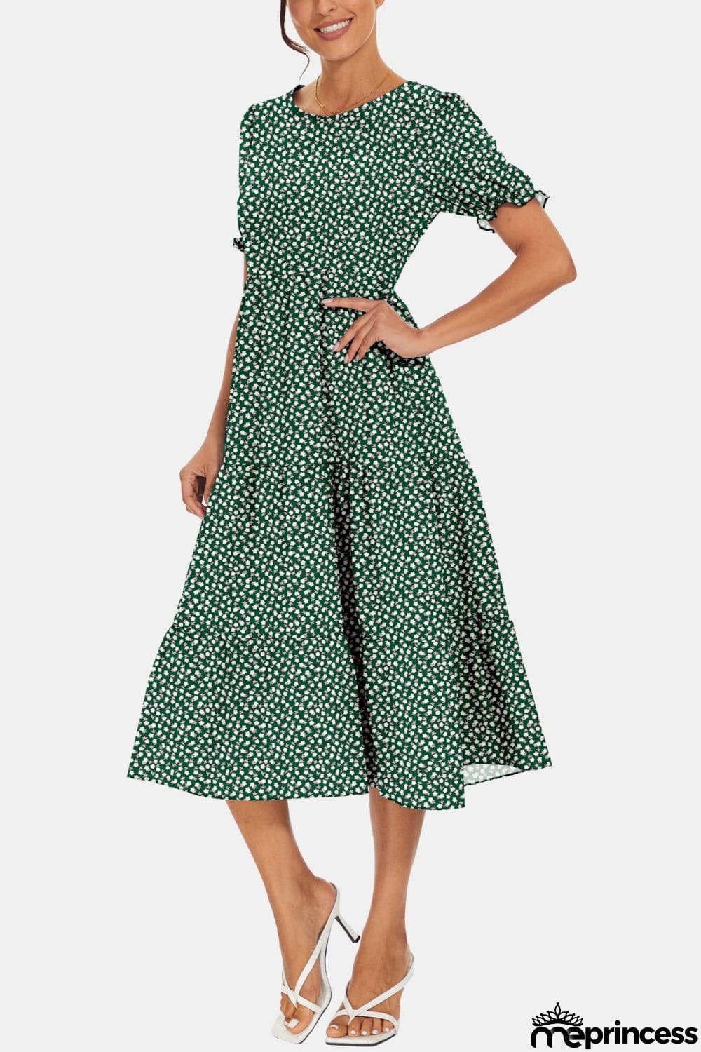 Round Neck Flounce Sleeve Midi Dress
