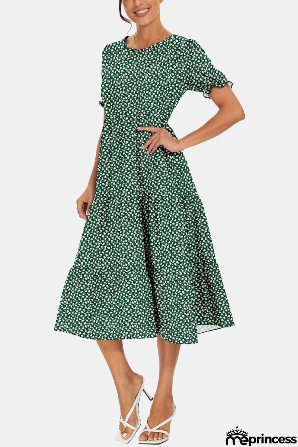 Round Neck Flounce Sleeve Midi Dress