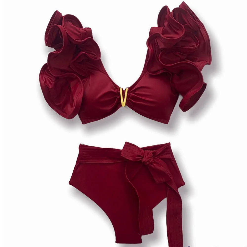 2022 New Sexy High Waist Bikini Sets Ruffle Swimwear Women Swimsuit Print Floral Dots V-neck Beach Wear Bathing Suits biquini