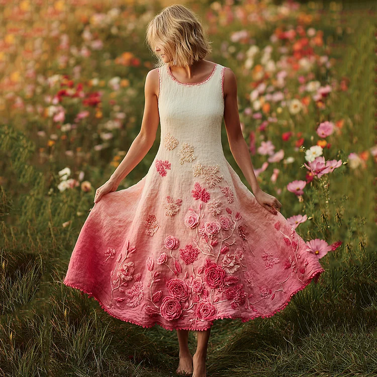 Stylish Pink Floral Embroidered Cozy Linen Tank Maxi Dress