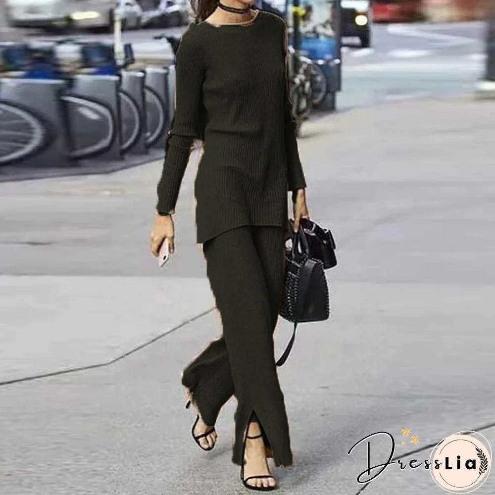 Women Elegant Solid Color Two Piece Sets Autumn Casual O-Neck Pullover Tops And Long Pants Lady Winter Fashion Long Sleeve Suits