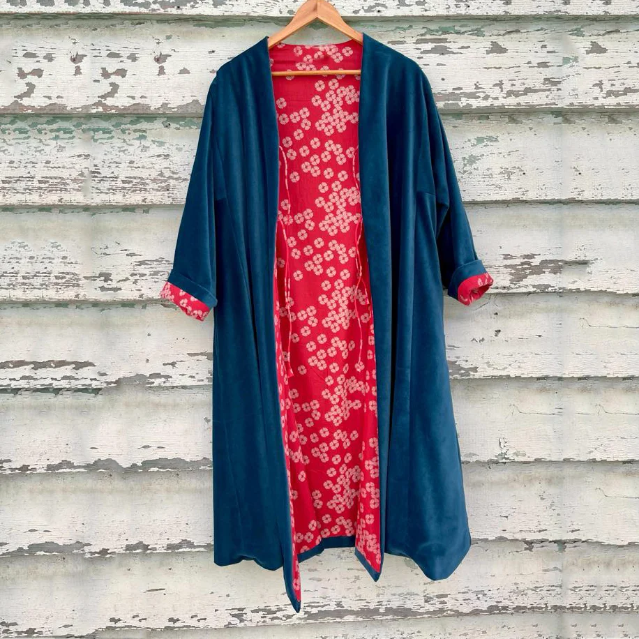 Fashion Reversible Lining Lined With Cherry Blossom Print Velvet Kimono Duster