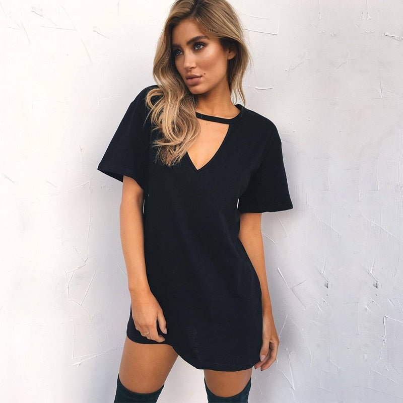 Women Tshirt mini Dress Choker V-neck Summer Dresses Long Short Sleeve Casual Sexy Halter Boho Beach Dress Vestidos autumn