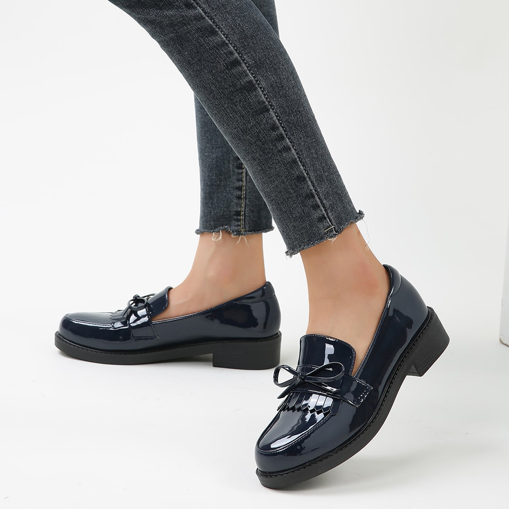 Black Patent Leather Closed Toe Chunky Heel Loafers with Bow Nicepairs