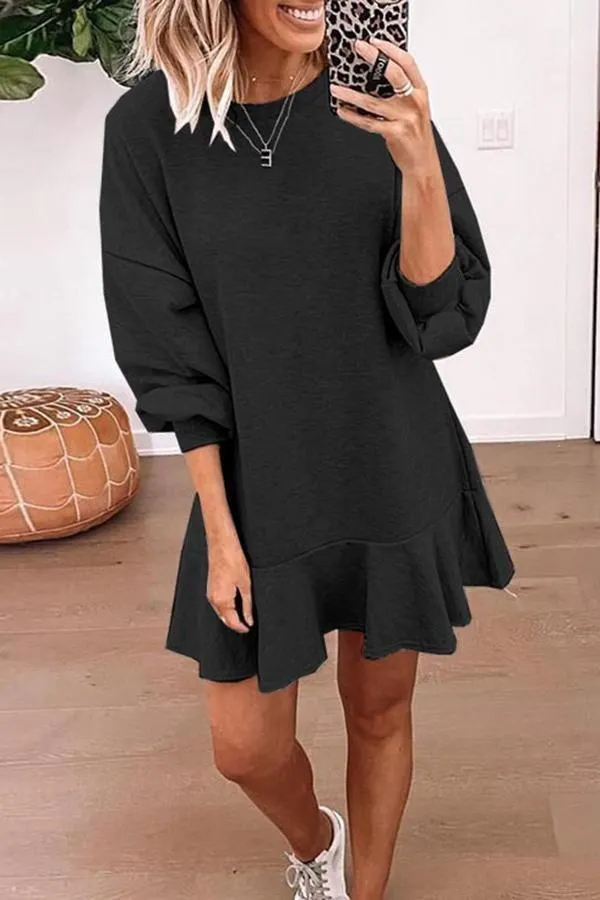 Lantern Sleeve Solid Ruffle Hem Dress