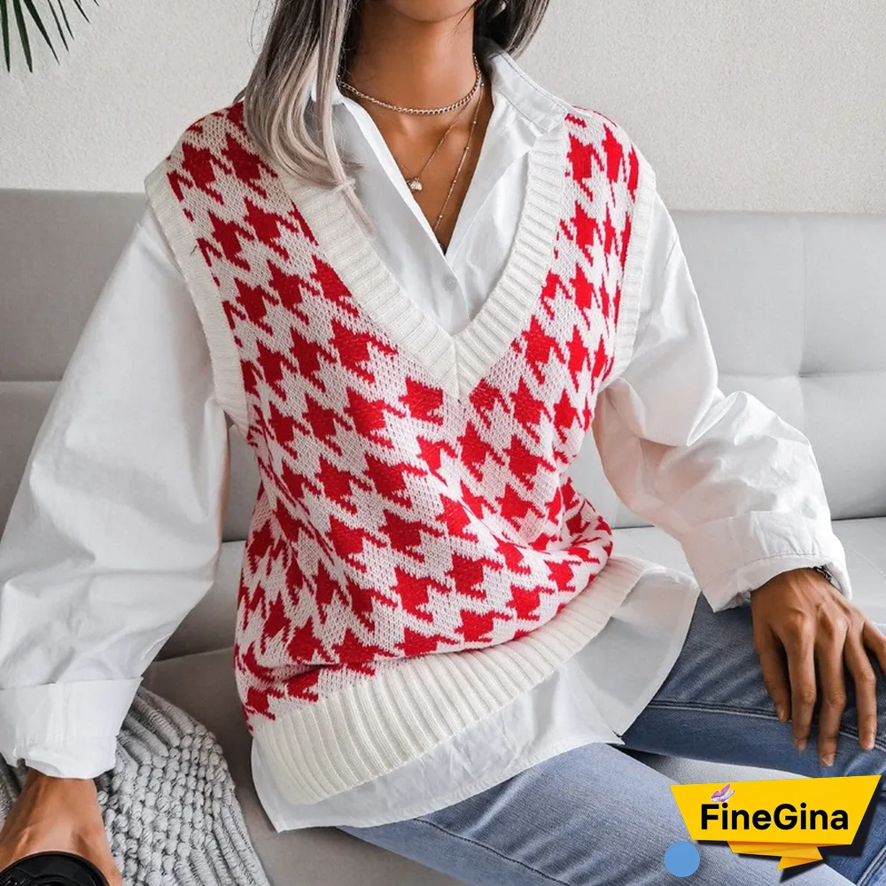 Women's Houndstooth Knit Sweater Vest Autumn New Loose V-neck Sleeveless Elegant Fashion Casual Vest Sweaters Pullover