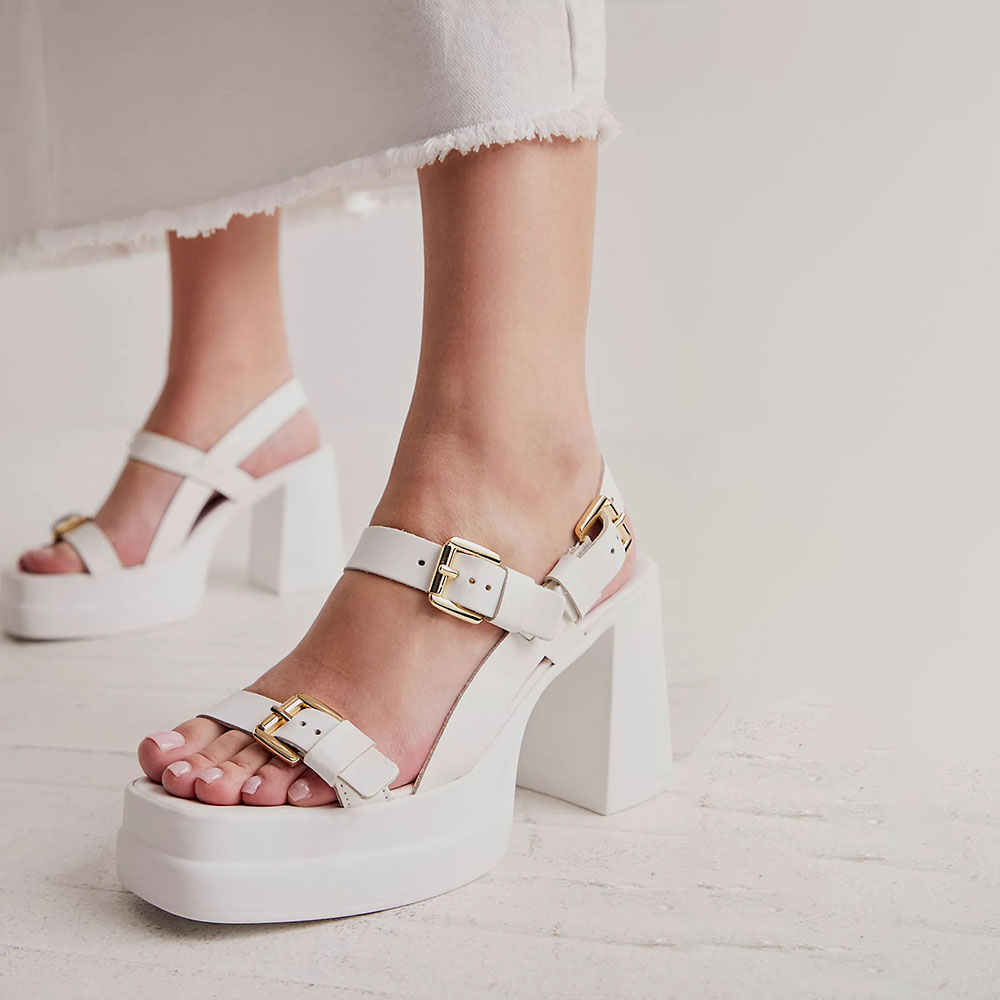 Women's High Heel Square Toe Buckle Strap White Platform Sandals Nicepairs