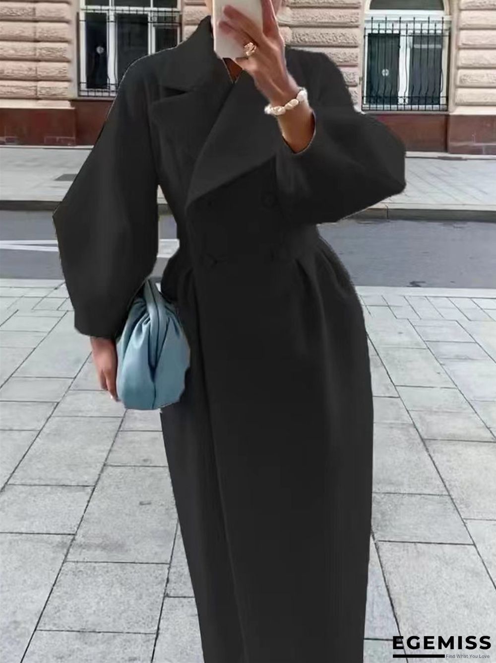 Vintage Lantern Sleeves Solid Color Lapel Long Coat | EGEMISS