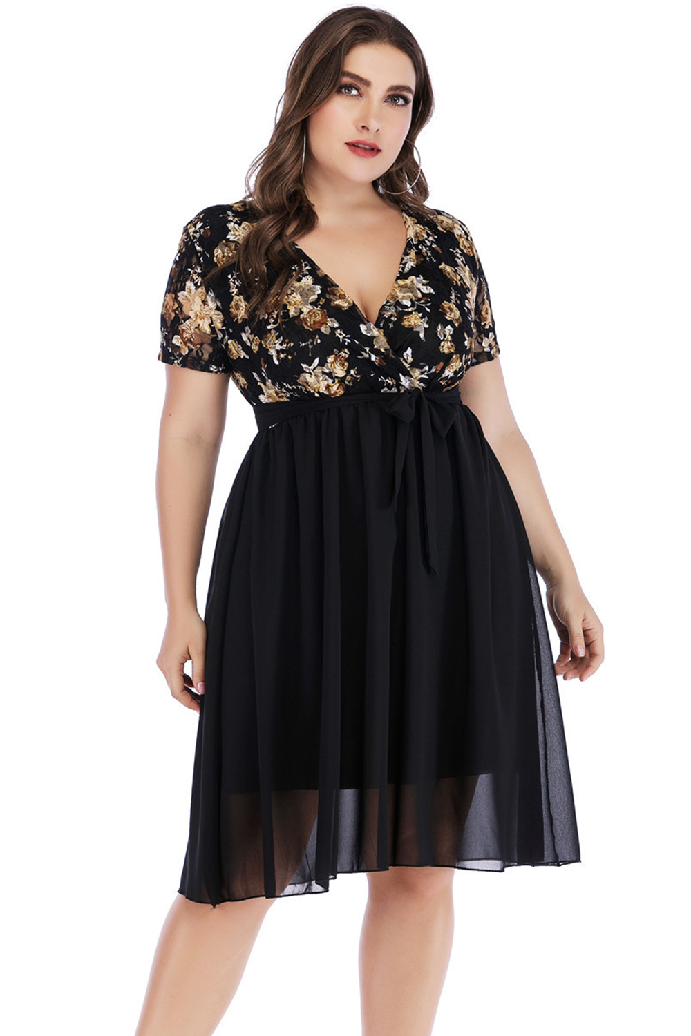 Plus Size Everyday Black Chiffon Floral Print Wrap Lace Up Midi Dress 2024 - Flycurvy 