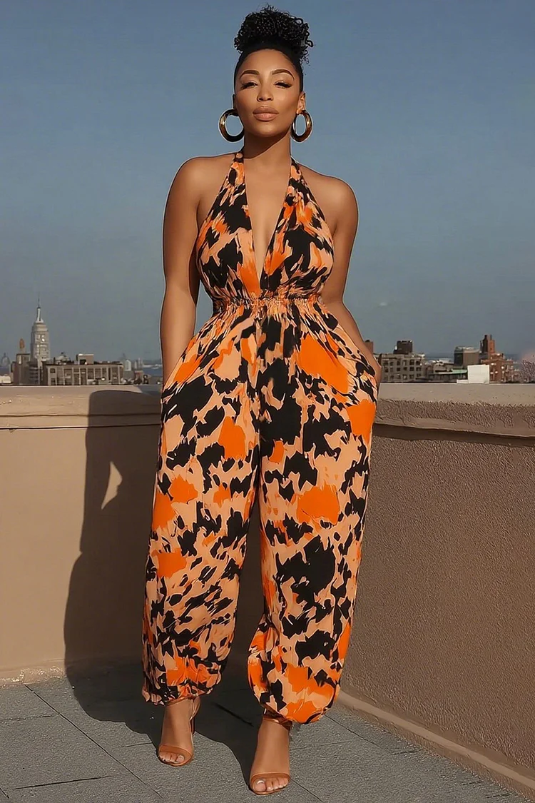 Allover Print Halter V Neck Vacation Tapered Leg Jumpsuit-Orange [Pre Order]