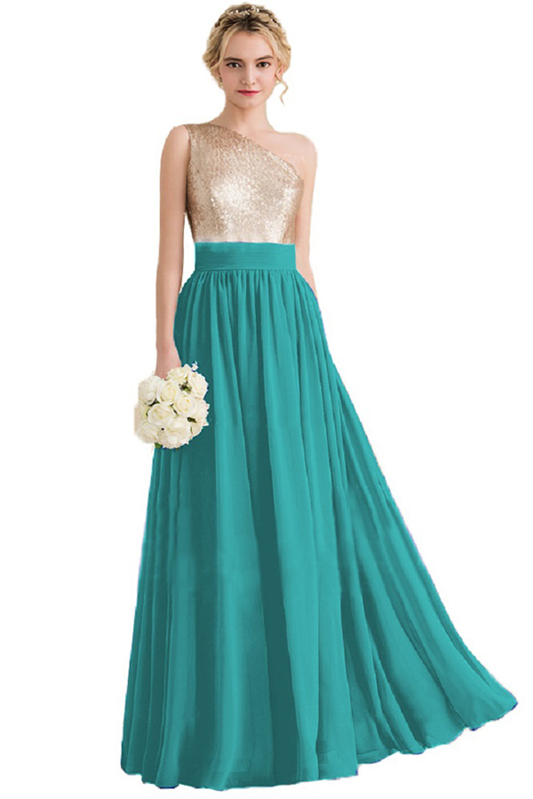 One Shoulder Sequins Long Bridesmaid Dress