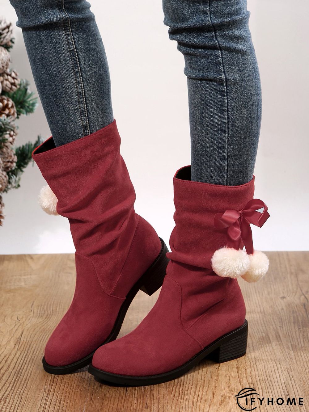 Christmas Pompom Decor Faux Suede Slouchy Boots | IFYHOME