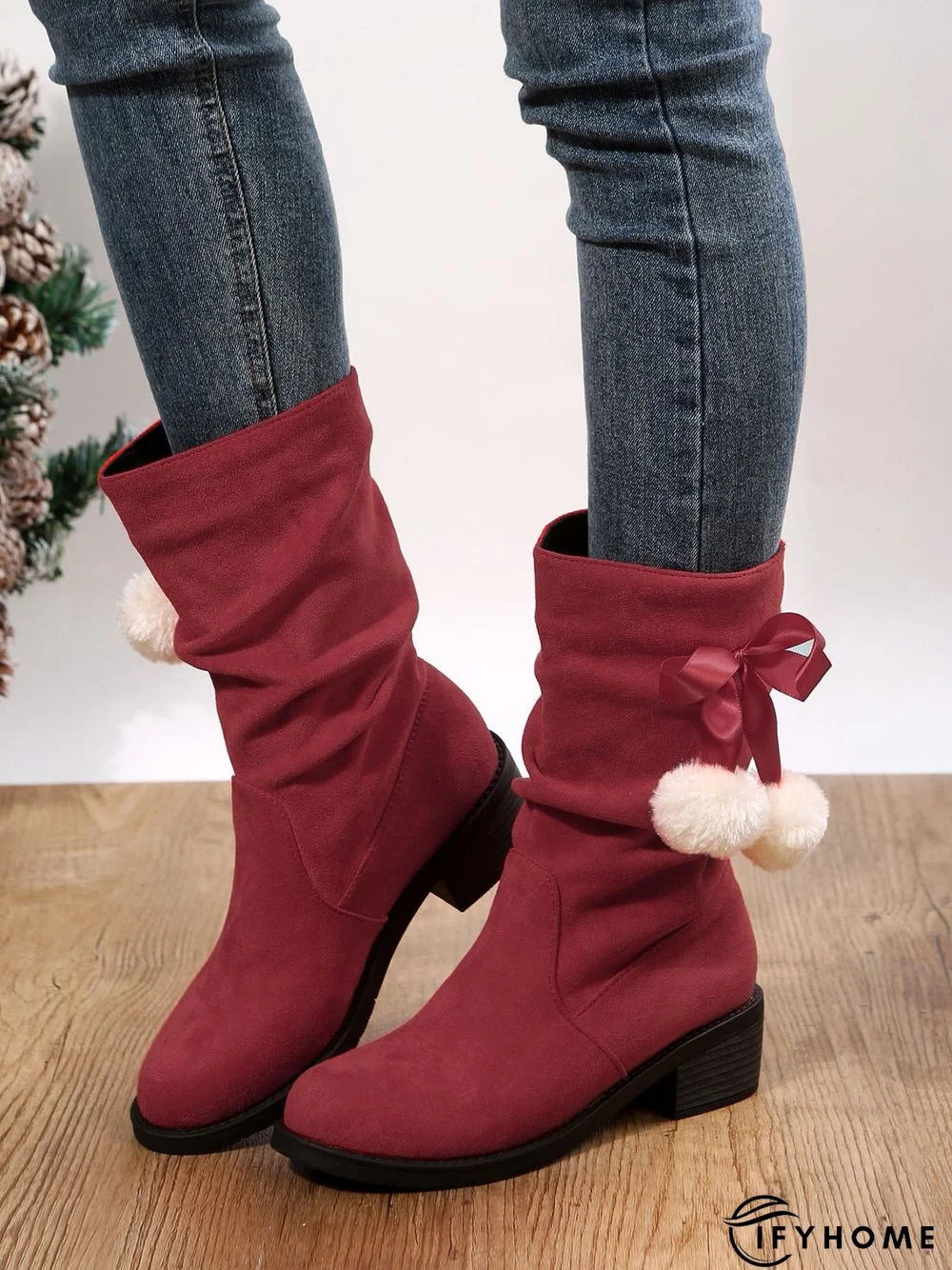 Christmas Pompom Decor Faux Suede Slouchy Boots | IFYHOME