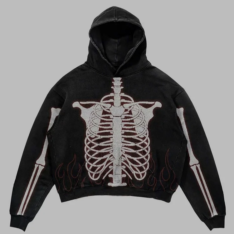 Casual Retro Flame Skull Graphic Casual Street Wash Hoodie